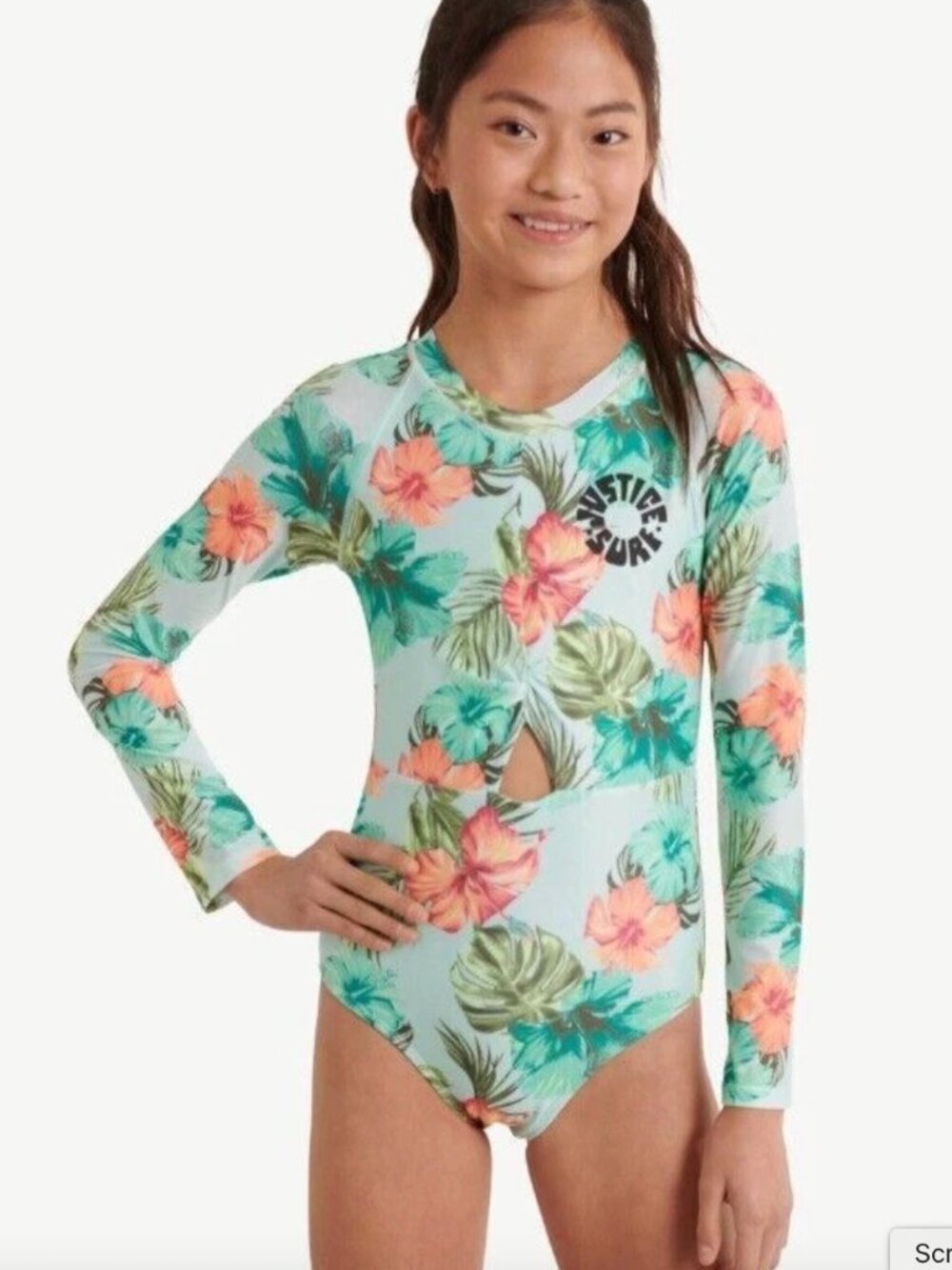 Justice Girls Rash Guard Swimsuit 1 Piece Tropical Turquoise Size Large (12/14)